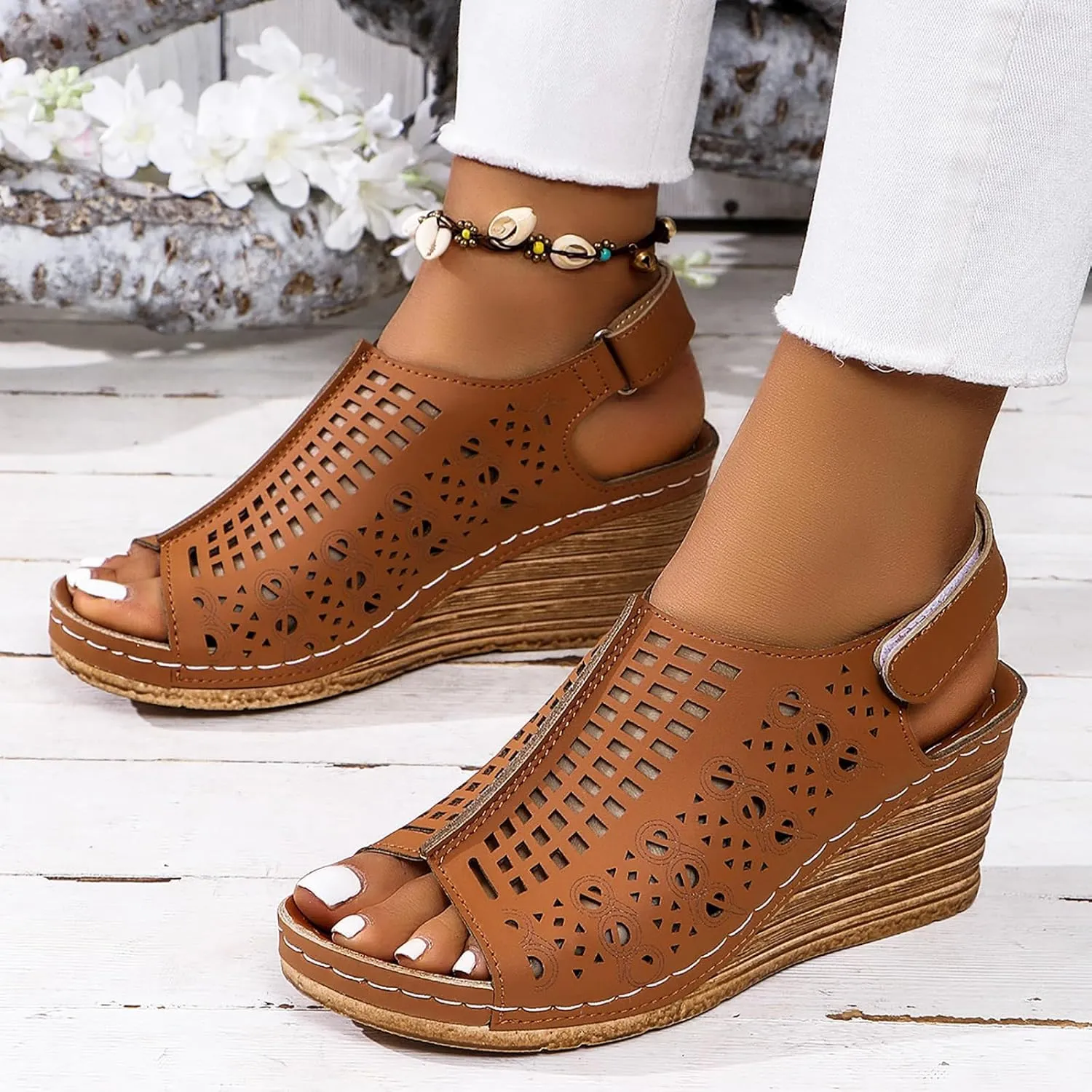 Platform Wedge Sandals for Women Breathable Vintage Hollow Out Wedge Sandals Slip On Fish Mouth Slingback Walking Shoes Concise Casual Summer Womens Shoes