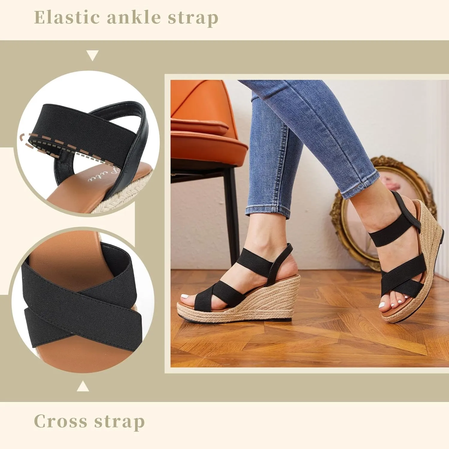 Putu Women's Espadrilles Wedge Sandals Elastic Ankle Strap Platform Sandals Open Toe Wedge Sandals