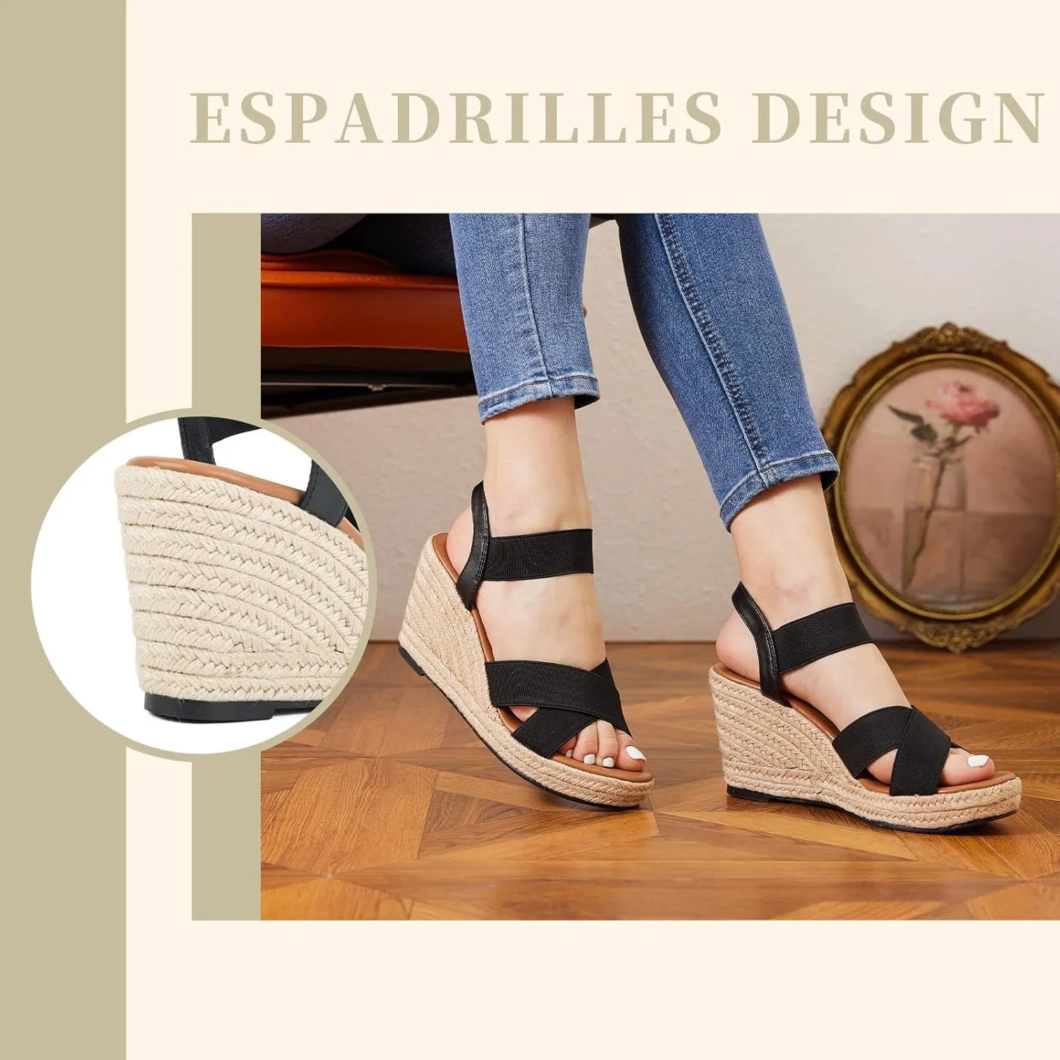 Putu Women's Espadrilles Wedge Sandals Elastic Ankle Strap Platform Sandals Open Toe Wedge Sandals