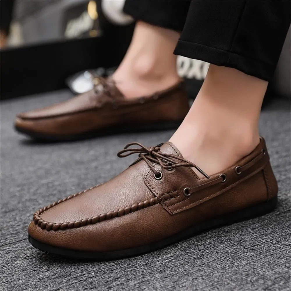 Resistant Lightweight Flat Heel Fashion Slip On Men's PU Leather Loafers Moccasins Shoes Lace Up