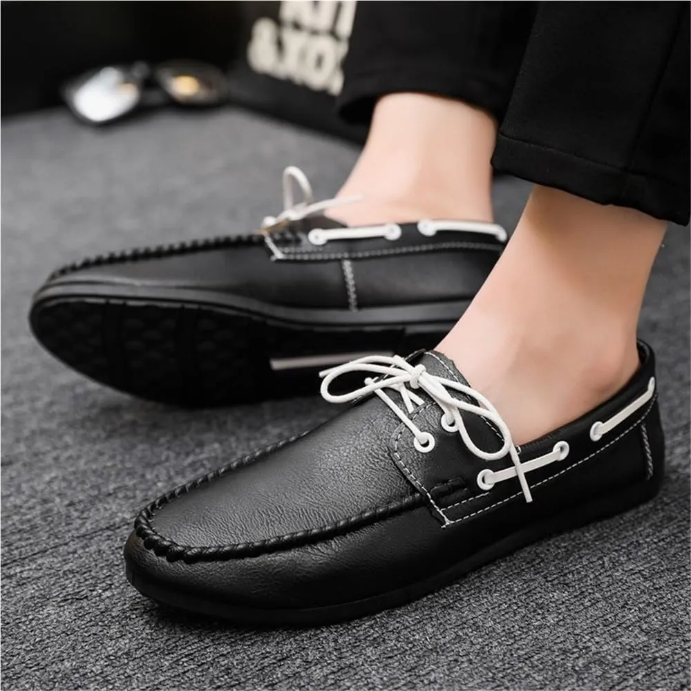 Resistant Lightweight Flat Heel Fashion Slip On Men's PU Leather Loafers Moccasins Shoes Lace Up