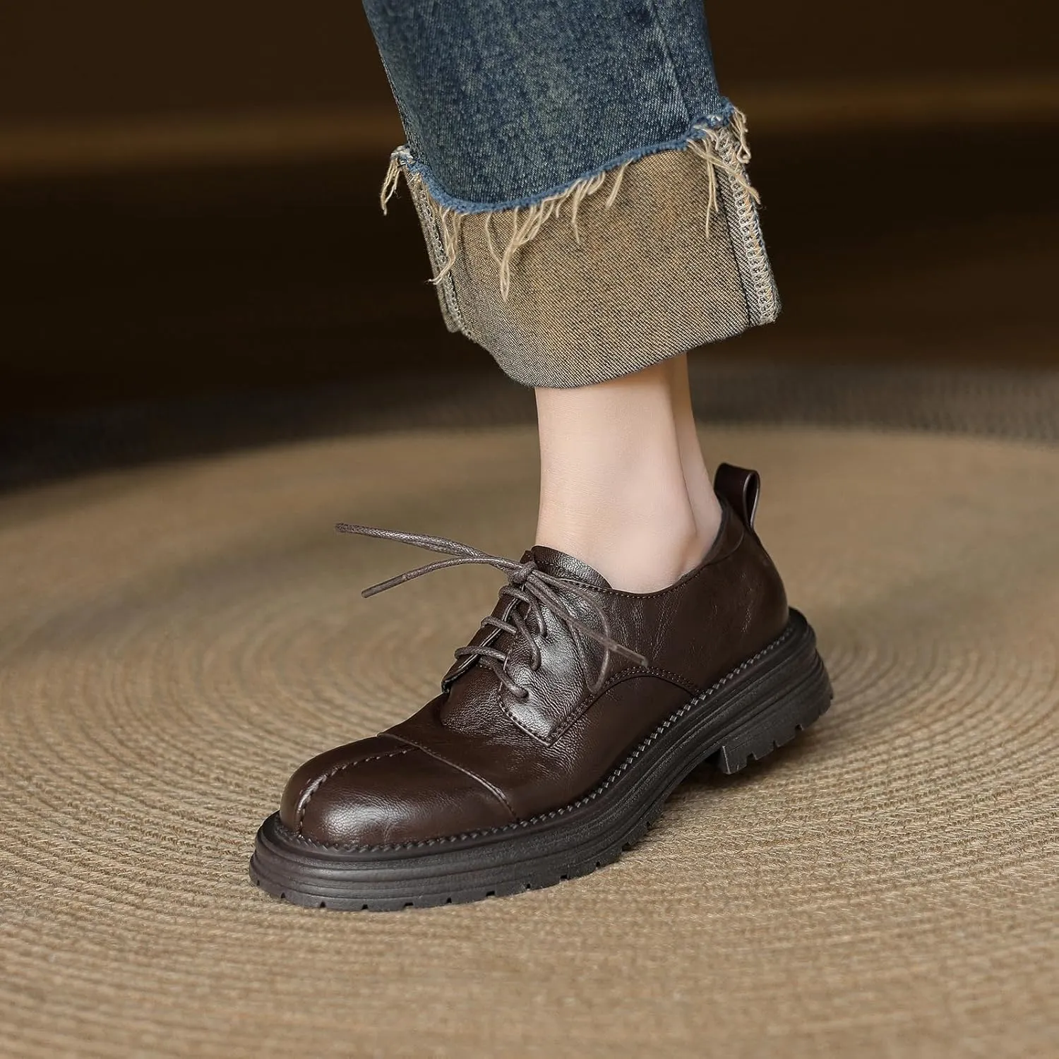 Retro Round Toe Flat Heel Pumps Lace up Loafers with Solid Color for Women