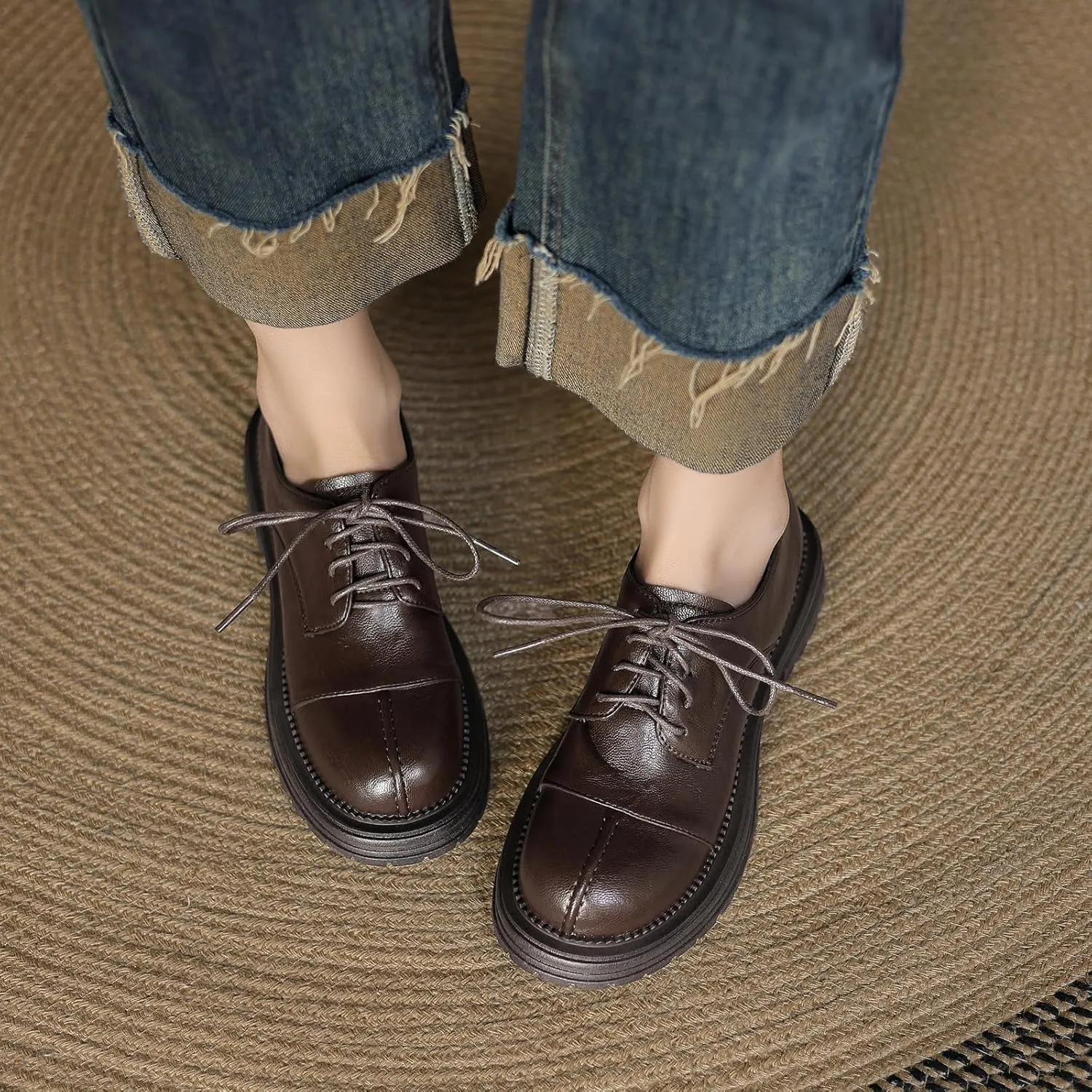 Retro Round Toe Flat Heel Pumps Lace up Loafers with Solid Color for Women