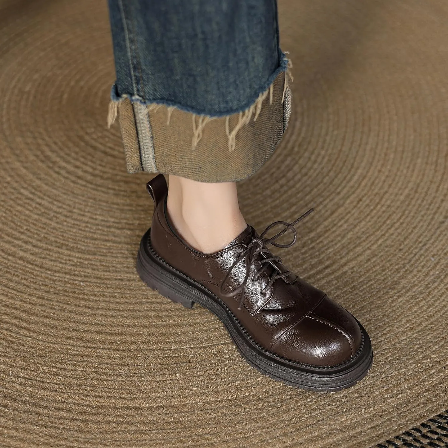 Retro Round Toe Flat Heel Pumps Lace up Loafers with Solid Color for Women