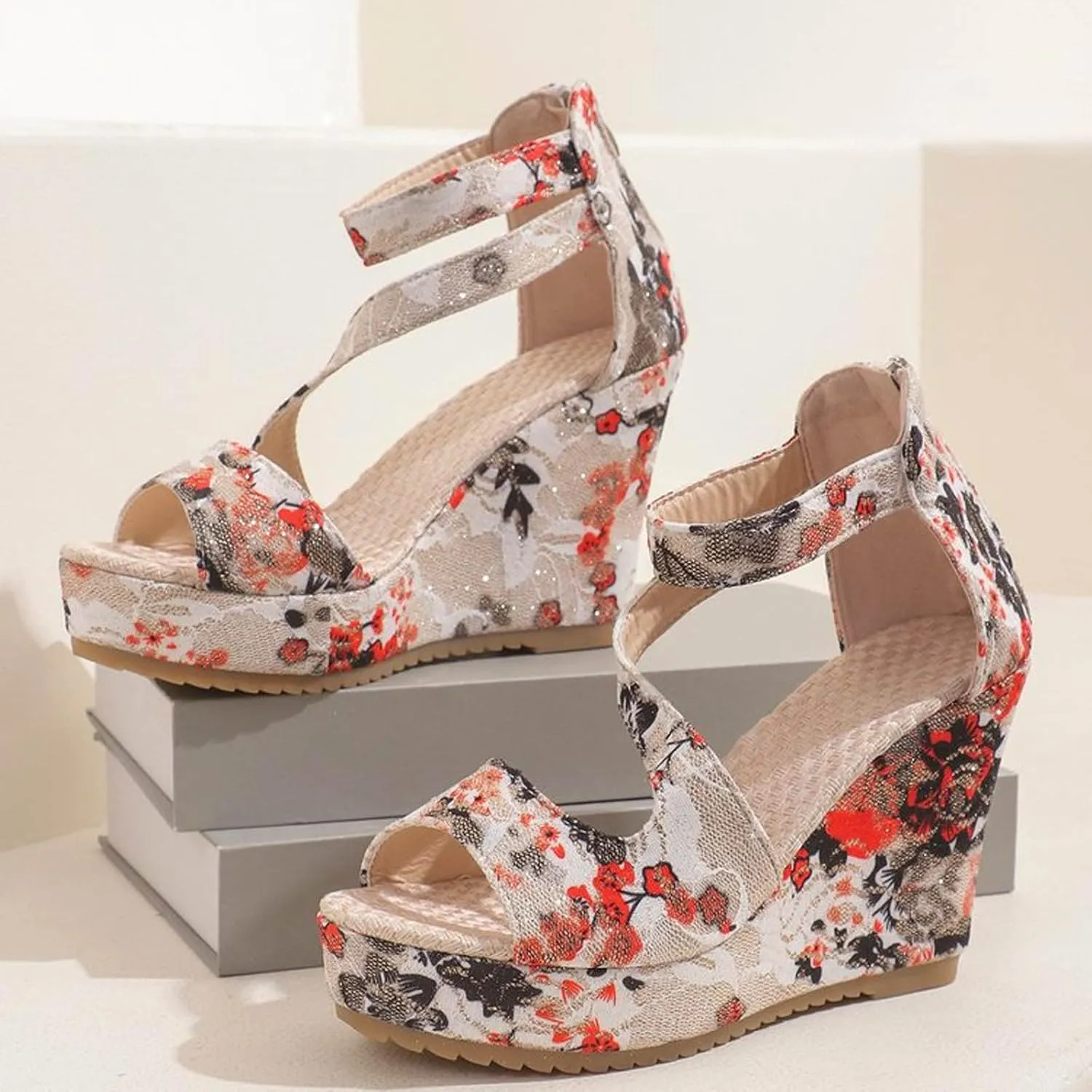 Roorsily Women's Espadrilles Sandals Sandals Party Dress Sandals Ethnic Print Sandals Back Zipper Platform Wedge Sandals