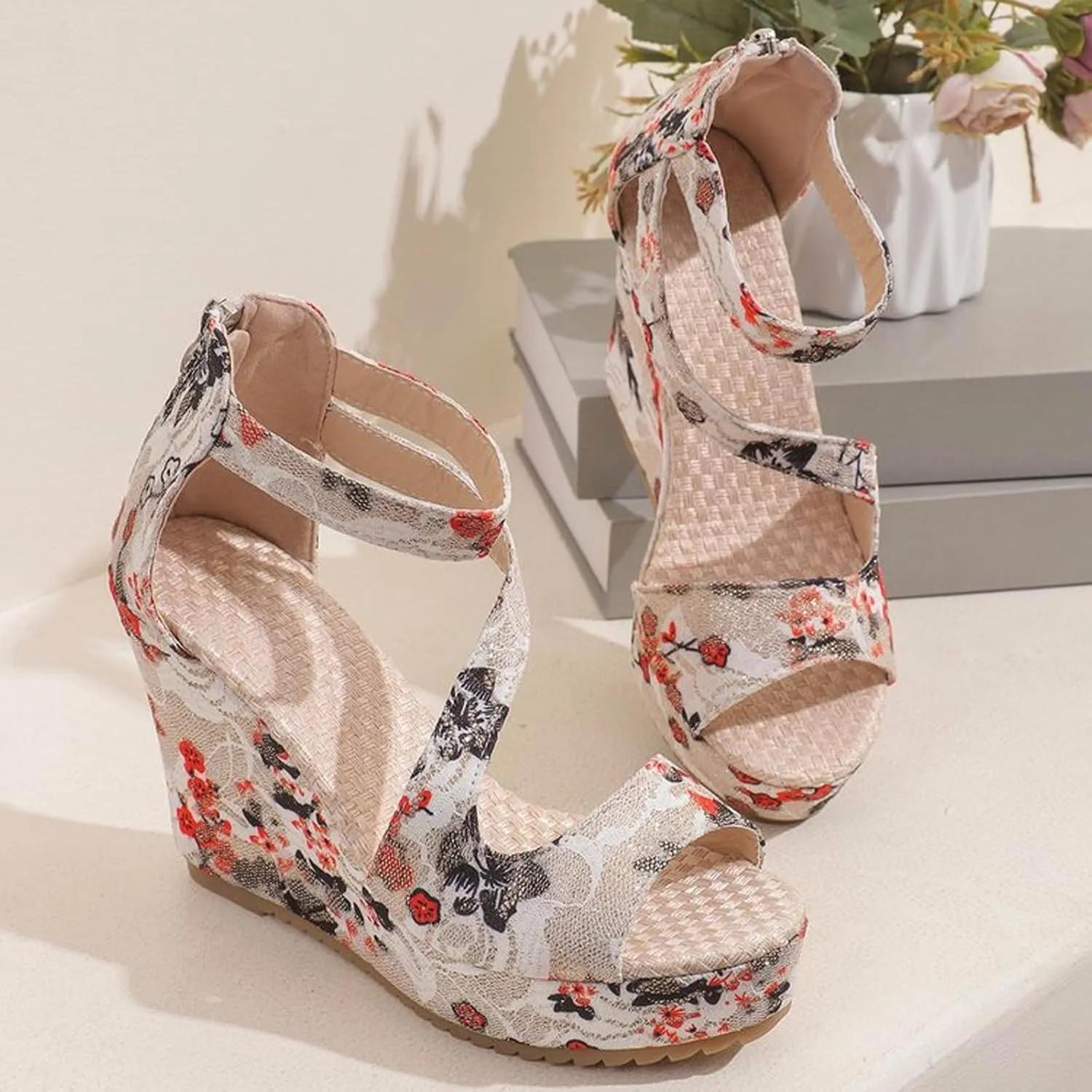 Roorsily Women's Espadrilles Sandals Sandals Party Dress Sandals Ethnic Print Sandals Back Zipper Platform Wedge Sandals