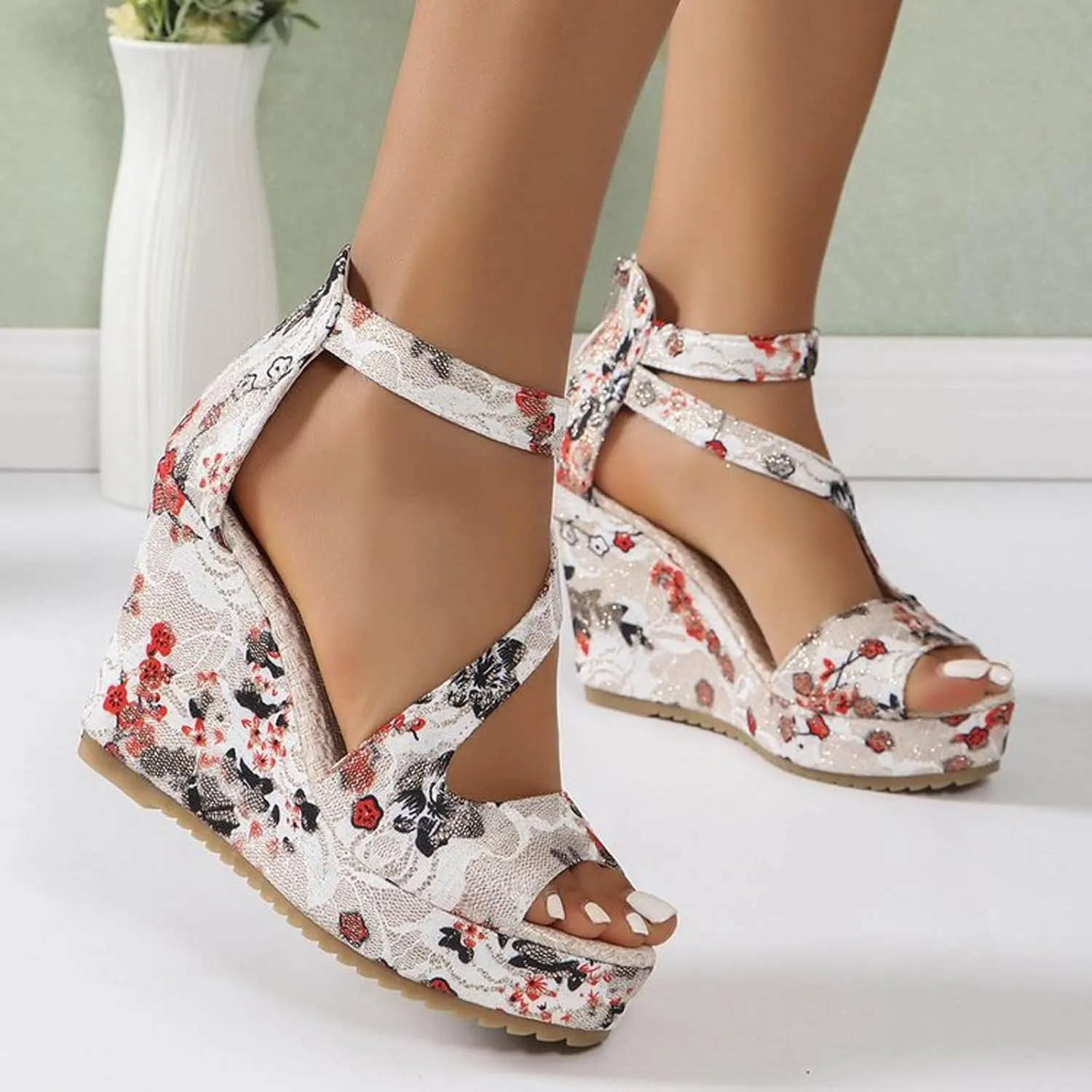 Roorsily Women's Espadrilles Sandals Sandals Party Dress Sandals Ethnic Print Sandals Back Zipper Platform Wedge Sandals