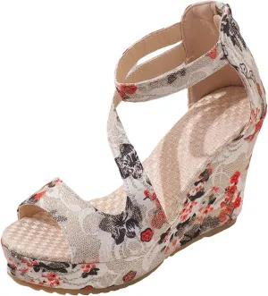 Roorsily Women's Espadrilles Sandals Sandals Party Dress Sandals Ethnic Print Sandals Back Zipper Platform Wedge Sandals