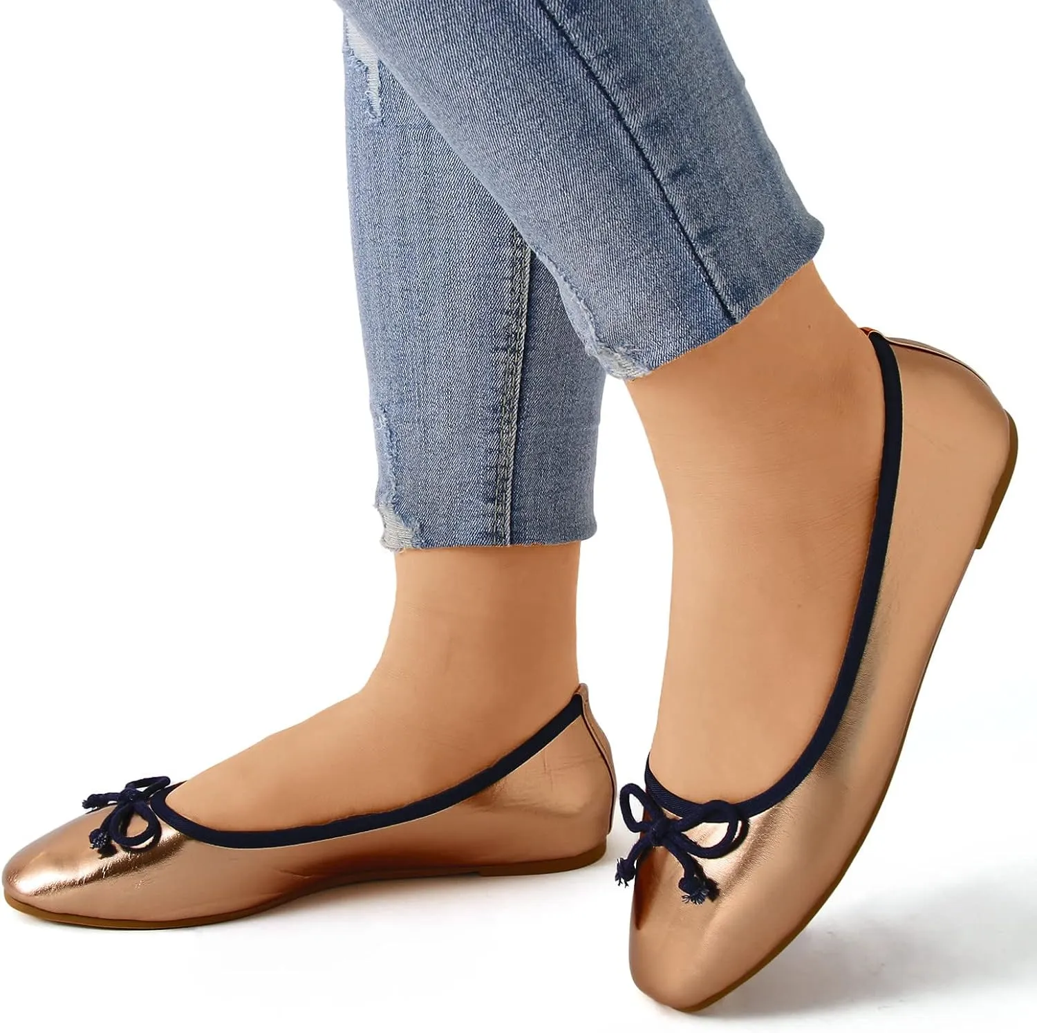 Square Toe Ballet Flats Shoes for Women with Bow Foldable Portable Classic Ballet Flats Casual Comfort Slip on Silver Flats Shoes