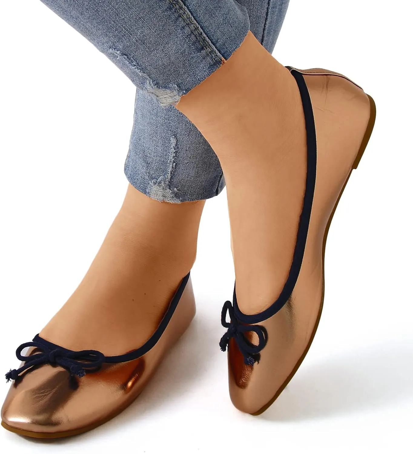 Square Toe Ballet Flats Shoes for Women with Bow Foldable Portable Classic Ballet Flats Casual Comfort Slip on Silver Flats Shoes