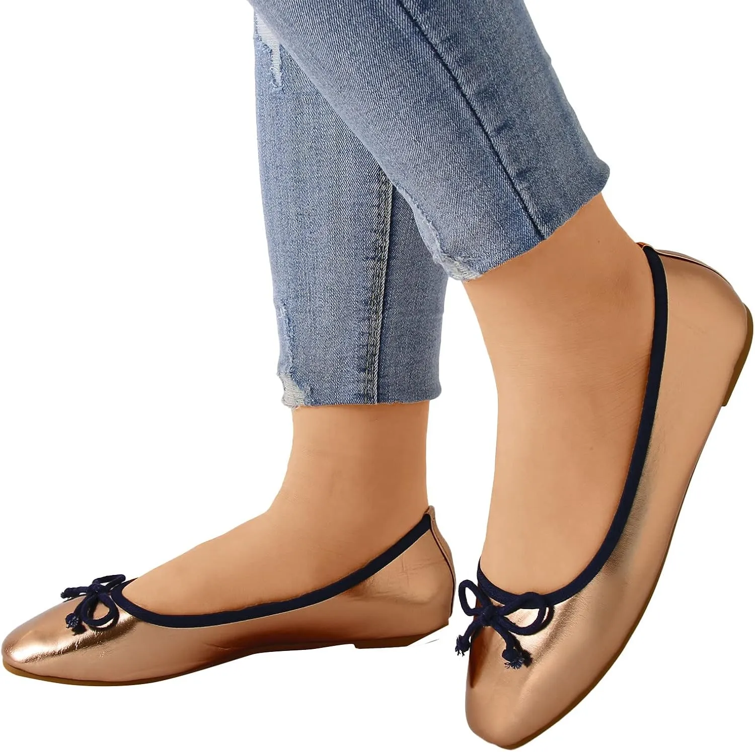 Square Toe Ballet Flats Shoes for Women with Bow Foldable Portable Classic Ballet Flats Casual Comfort Slip on Silver Flats Shoes
