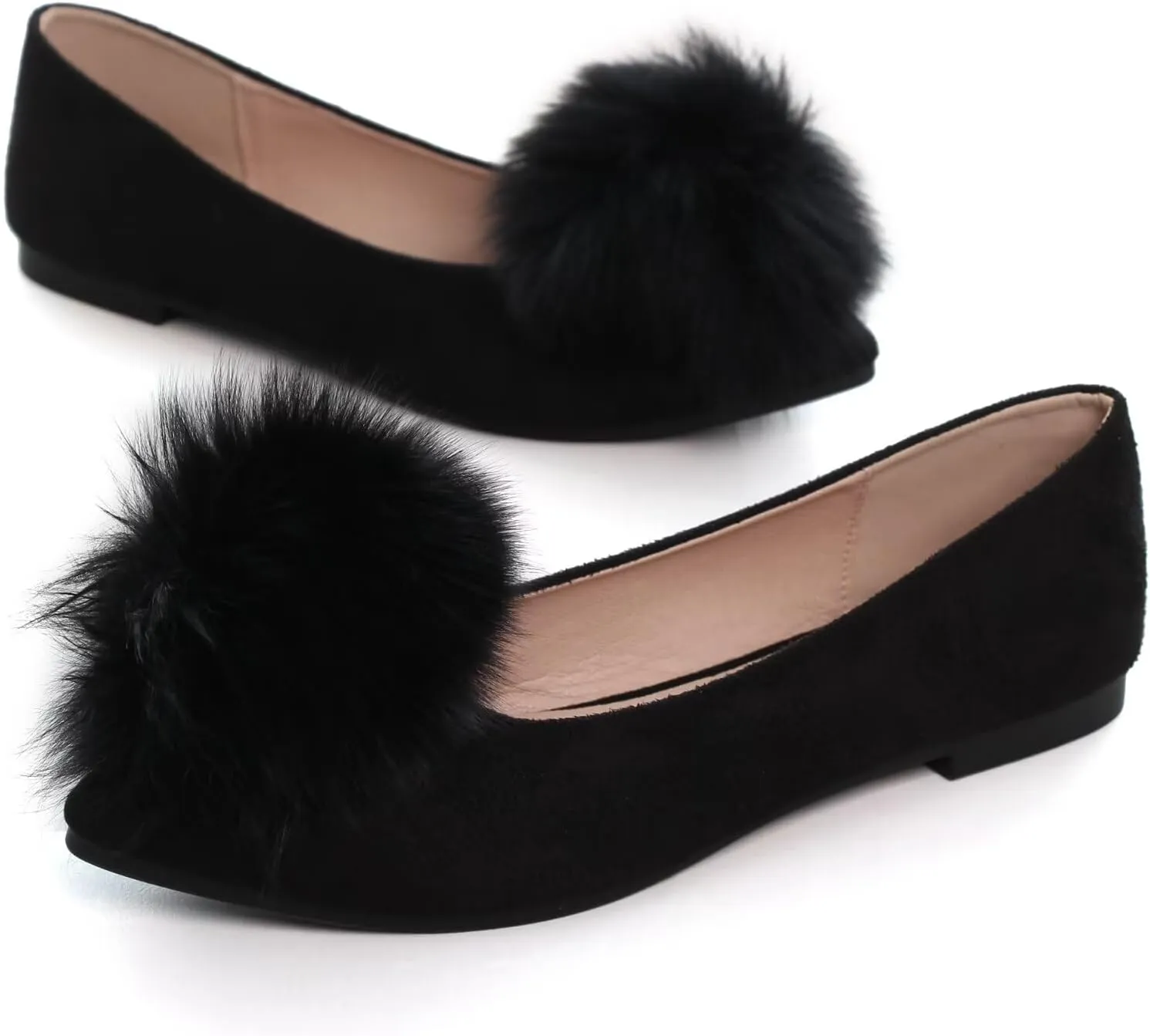 Stunner Women's Ballet Flats Fashion Pointed Toe Dress Flats Soft Suede Flat Shoes Casual Plush Ball Slip On Walking Shoes
