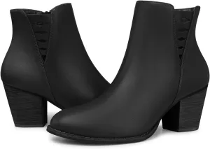 TEMOFON Women's Low Chunky Heel Leather Black Ankle Boots with Side Zipper Fall Winter Fashion 2024 Short Booties Dress Shoes Szie 10.5