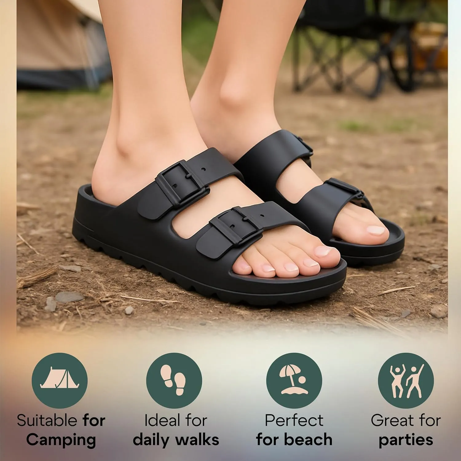Trailvia Dress Black Sandals Men Open Toe Flip Flop, Comfortable Beach Slippers Durable Waterproof EVA Flat Slides with Adjustable Buckle, Non-Slip Footbed & Arch Support for Walking Hiking Outdoor, Footbed Size Men 6-11 Women 7-12