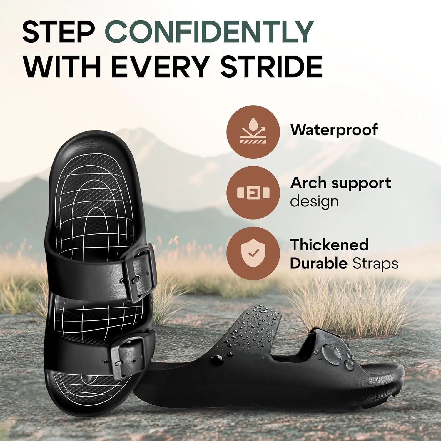 Trailvia Dress Black Sandals Men Open Toe Flip Flop, Comfortable Beach Slippers Durable Waterproof EVA Flat Slides with Adjustable Buckle, Non-Slip Footbed & Arch Support for Walking Hiking Outdoor, Footbed Size Men 6-11 Women 7-12