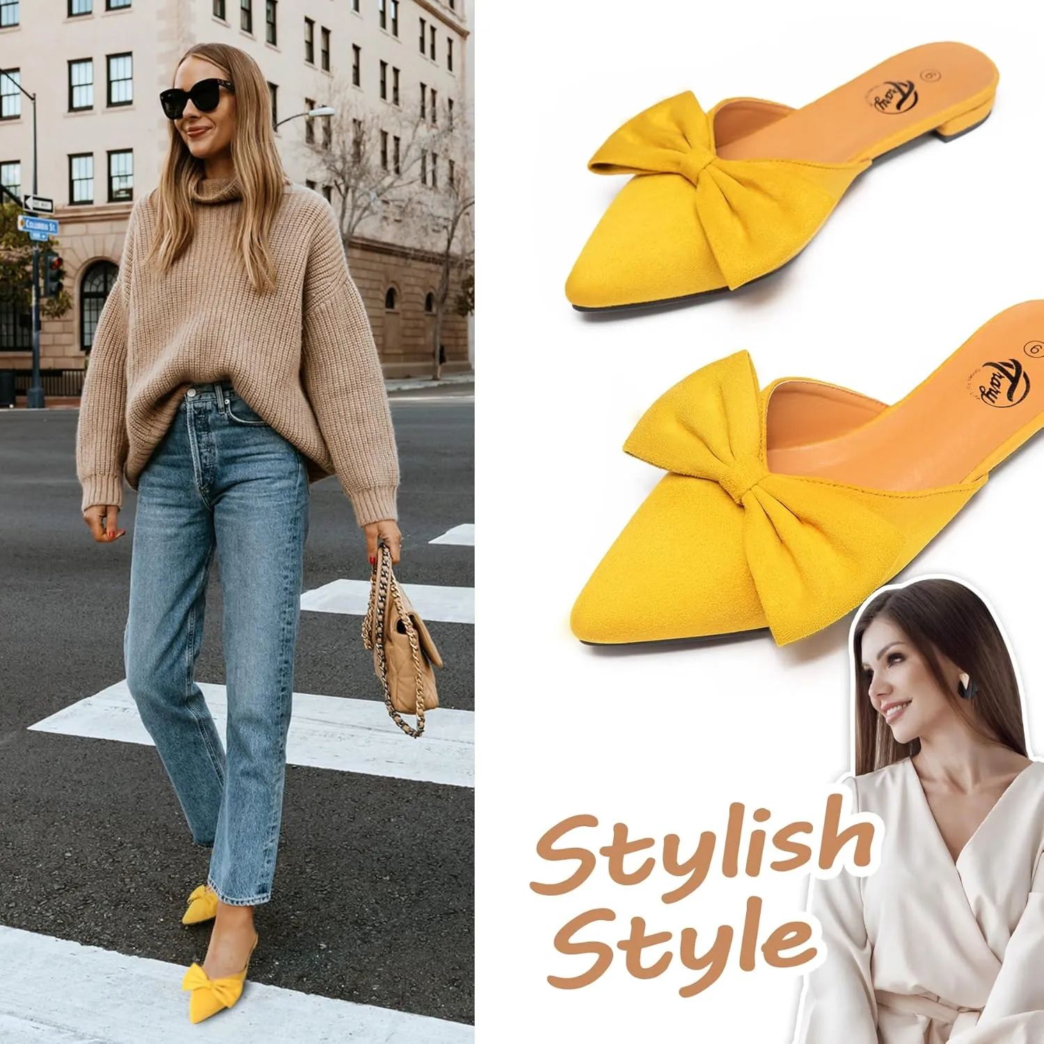 Trary Mules for Women Flats, Pointed Toe Womens Mules with Heels, Black Mules Shoes for Women, Bow Mules Women's Flats, Slip On Flats Flat Mules, Backless Loafers for Women, Women's Mules & Clogs