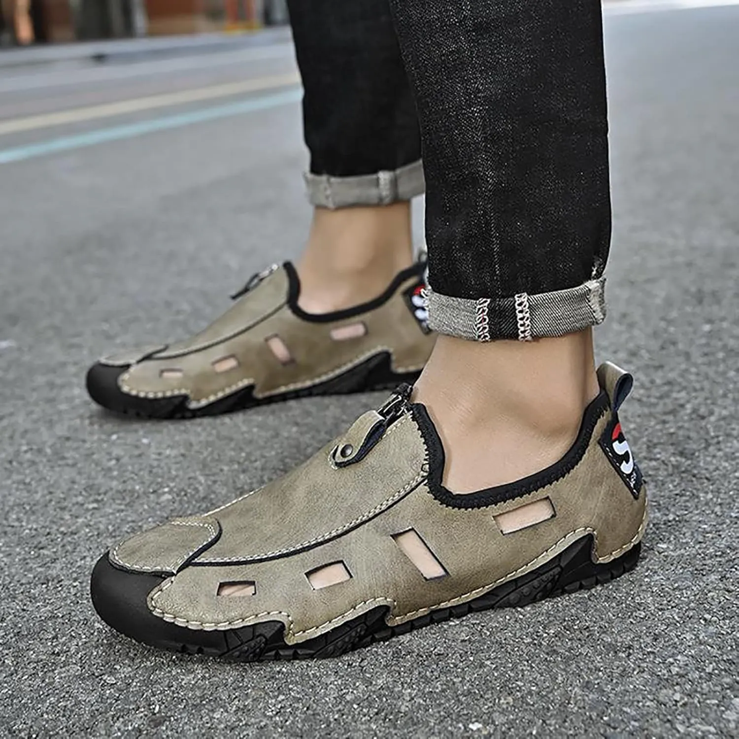 WENOREG Men's Hand Stitching Leather Closed Toe Hollow Fisherman Sandals,Summer Casual Slip on Non-Slip Flat Loafer Outdoor Breathable Beach Driving Working Office Sports Shoes