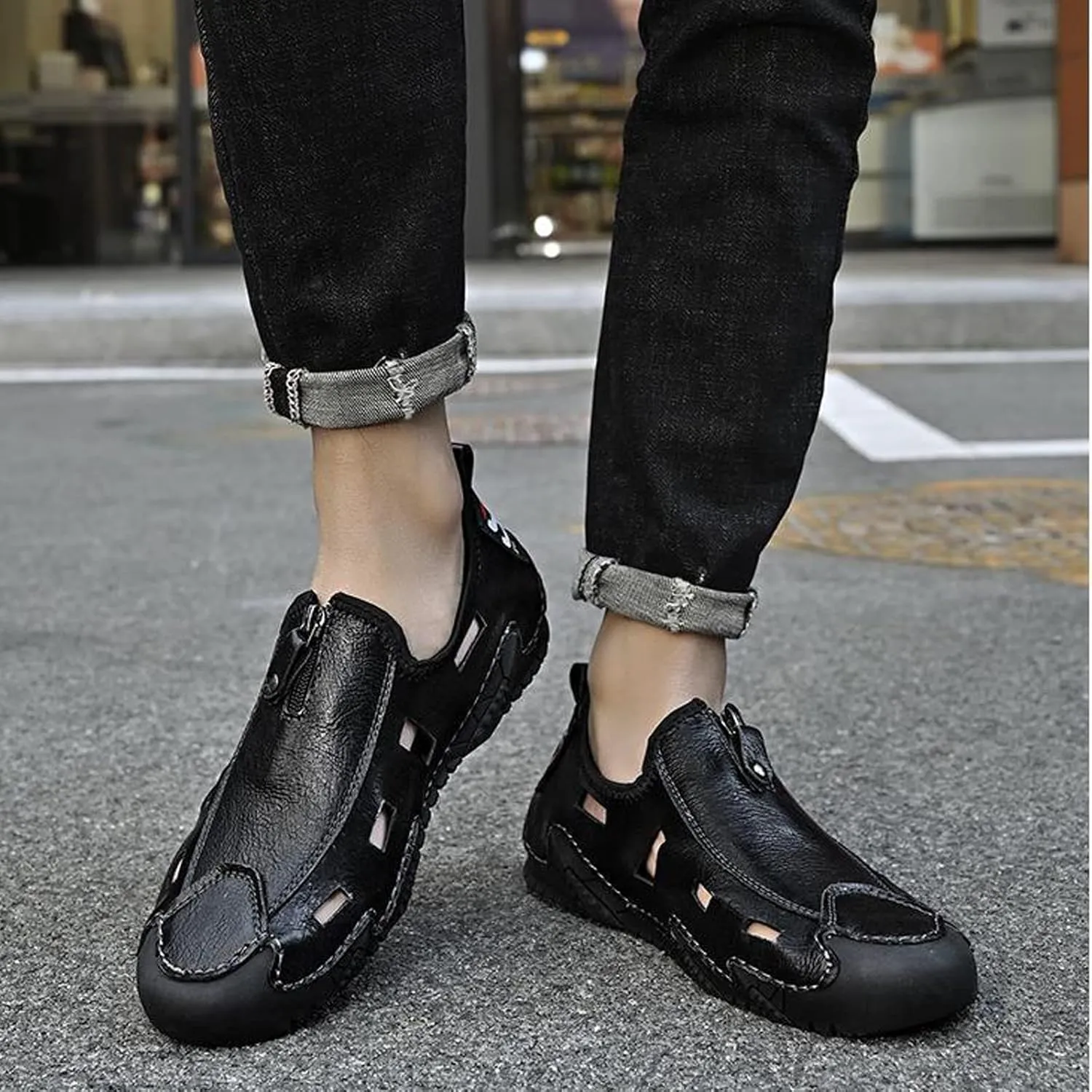 WENOREG Men's Hand Stitching Leather Closed Toe Hollow Fisherman Sandals,Summer Casual Slip on Non-Slip Flat Loafer Outdoor Breathable Beach Driving Working Office Sports Shoes