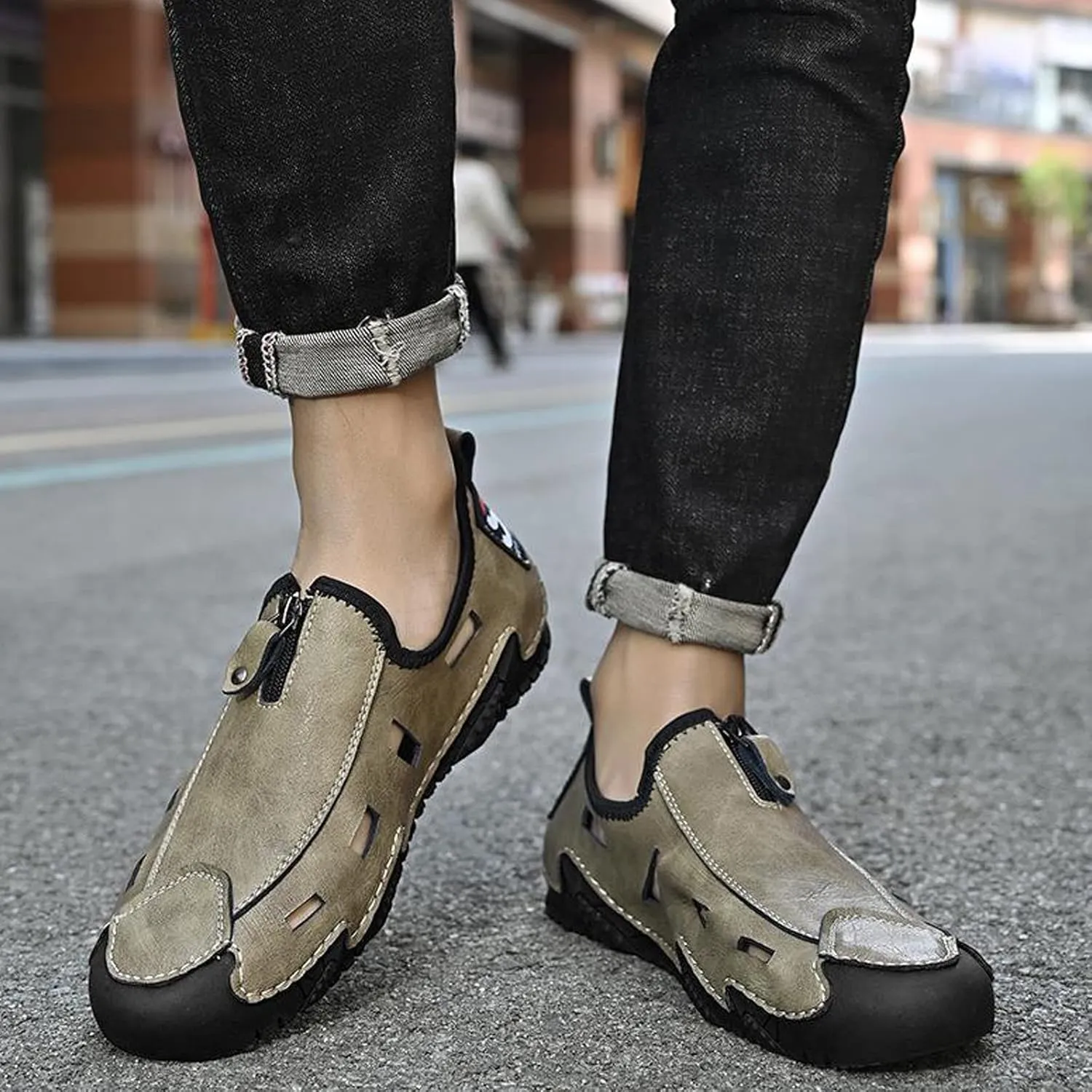 WENOREG Men's Hand Stitching Leather Closed Toe Hollow Fisherman Sandals,Summer Casual Slip on Non-Slip Flat Loafer Outdoor Breathable Beach Driving Working Office Sports Shoes