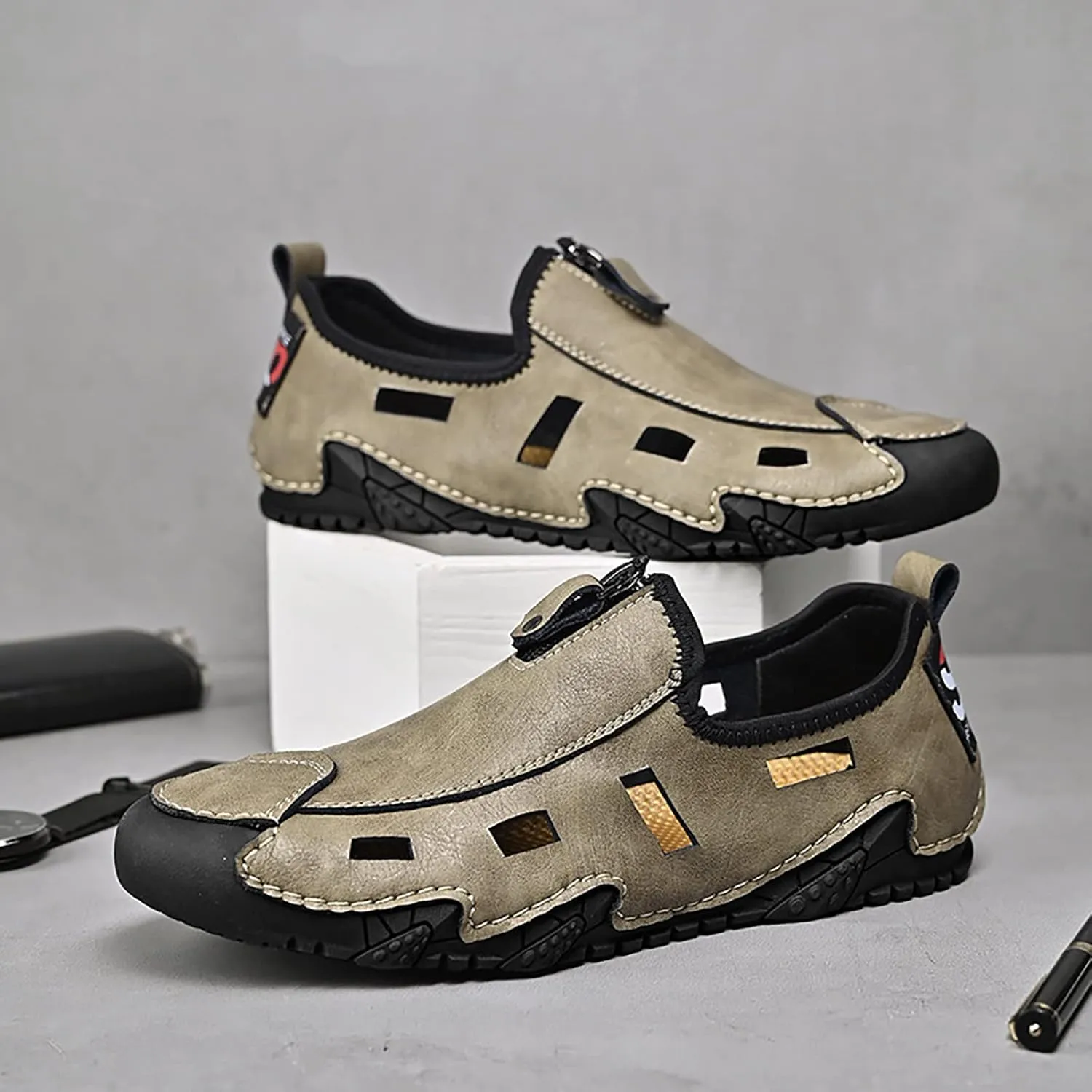 WENOREG Men's Hand Stitching Leather Closed Toe Hollow Fisherman Sandals,Summer Casual Slip on Non-Slip Flat Loafer Outdoor Breathable Beach Driving Working Office Sports Shoes