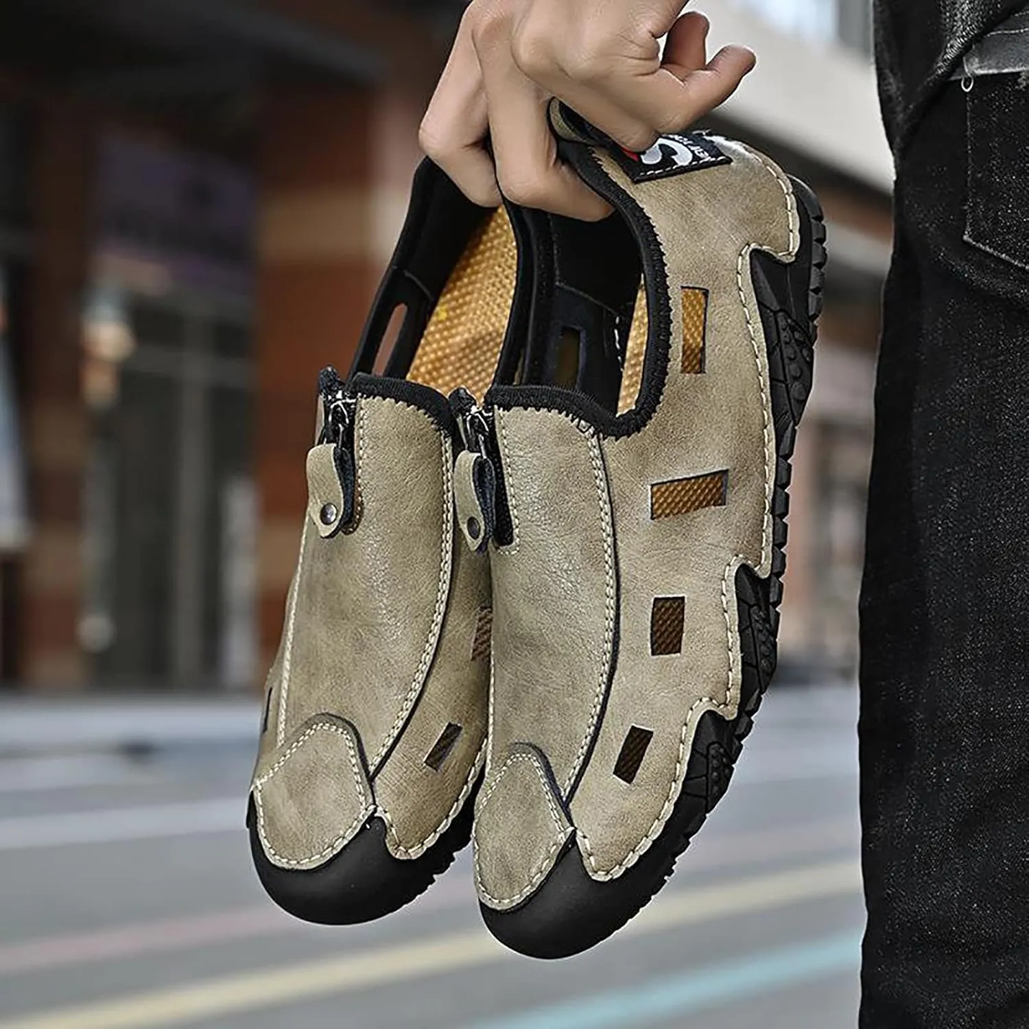 WENOREG Men's Hand Stitching Leather Closed Toe Hollow Fisherman Sandals,Summer Casual Slip on Non-Slip Flat Loafer Outdoor Breathable Beach Driving Working Office Sports Shoes