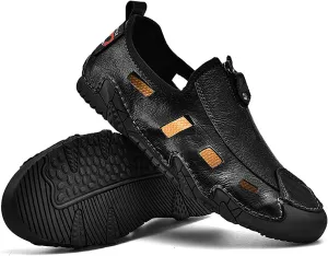 WENOREG Men's Hand Stitching Leather Closed Toe Hollow Fisherman Sandals,Summer Casual Slip on Non-Slip Flat Loafer Outdoor Breathable Beach Driving Working Office Sports Shoes