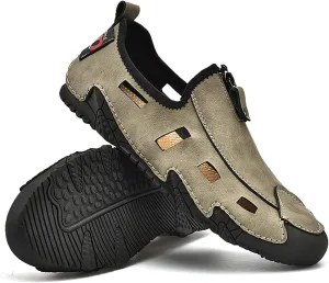 WENOREG Men's Hand Stitching Leather Closed Toe Hollow Fisherman Sandals,Summer Casual Slip on Non-Slip Flat Loafer Outdoor Breathable Beach Driving Working Office Sports Shoes