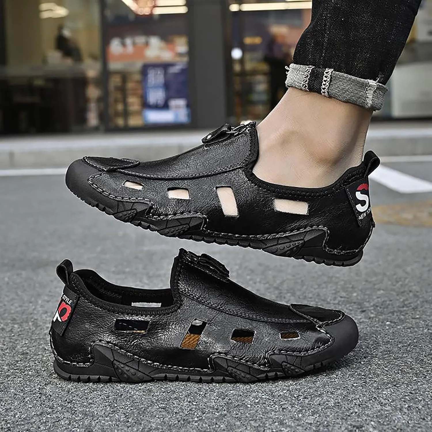 WENOREG Men's Hand Stitching Leather Closed Toe Hollow Fisherman Sandals,Summer Casual Slip on Non-Slip Flat Loafer Outdoor Breathable Beach Driving Working Office Sports Shoes