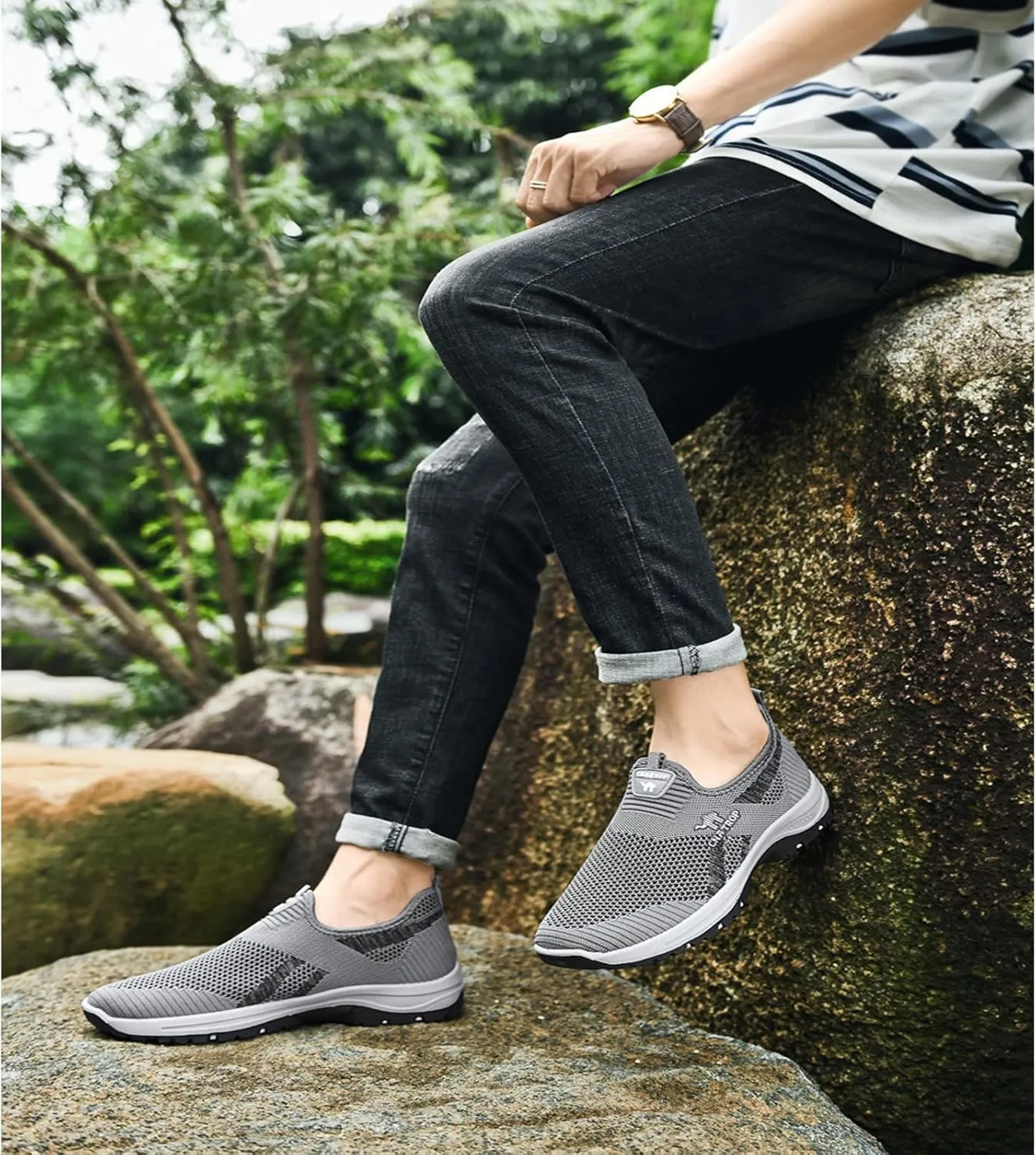 WENOREG Men's Mesh Breathable Slip on Orthopedic Sneaker Loafers,Fashion Outdoor Middle Aged Elderly Comfortable Non Slip Walking Sport Shoes with Arch Support