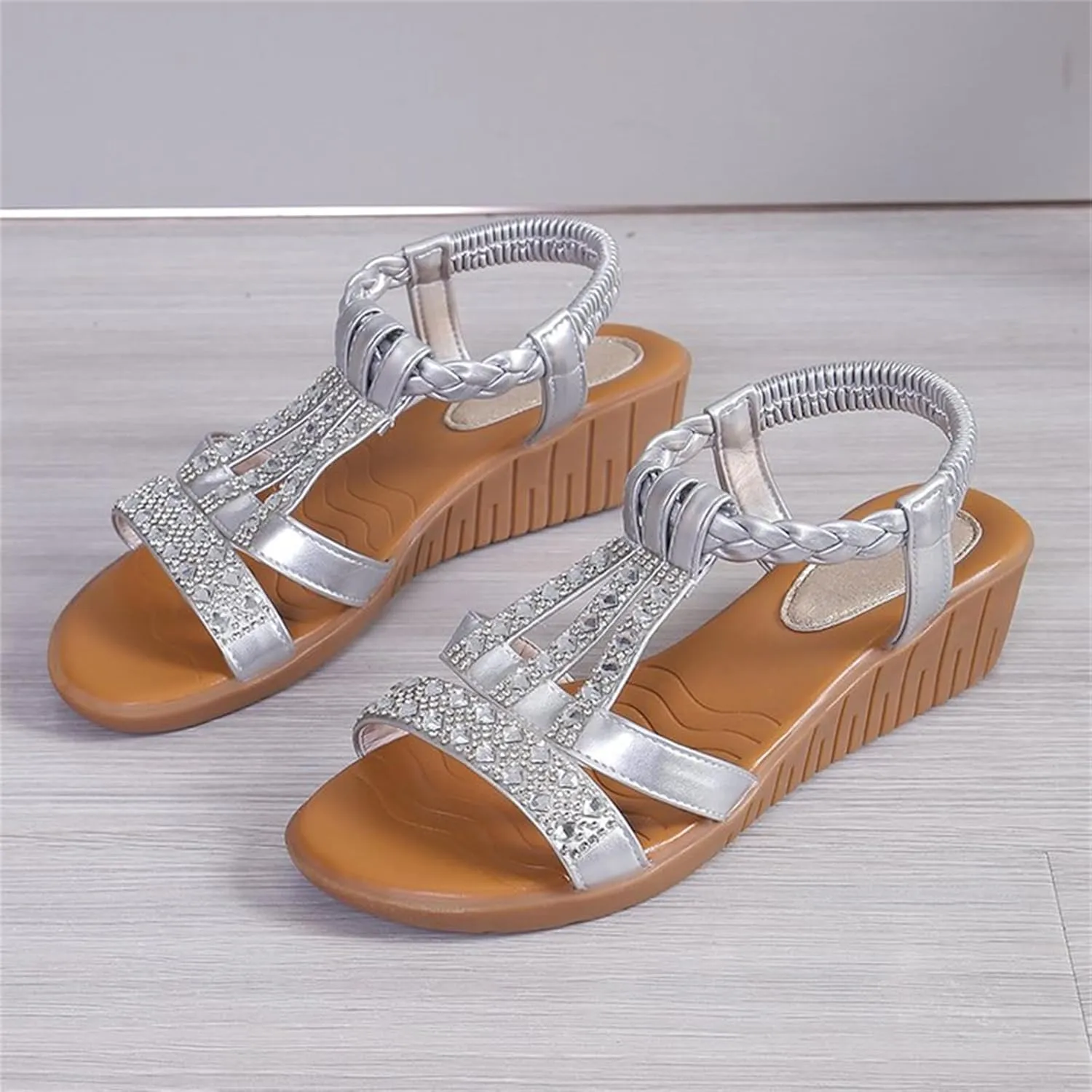 Women Flat Sandals Open Toe Slides Low Wedge Sandal Sparkly Crystal Rhinestone Sandals Elastic Ankle Strap Slip On Shoes for Summer Beach Oceanside Holiday Outdoor