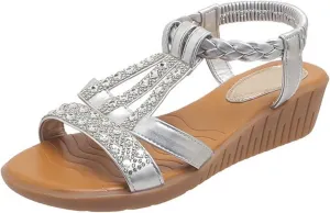 Women Flat Sandals Open Toe Slides Low Wedge Sandal Sparkly Crystal Rhinestone Sandals Elastic Ankle Strap Slip On Shoes for Summer Beach Oceanside Holiday Outdoor