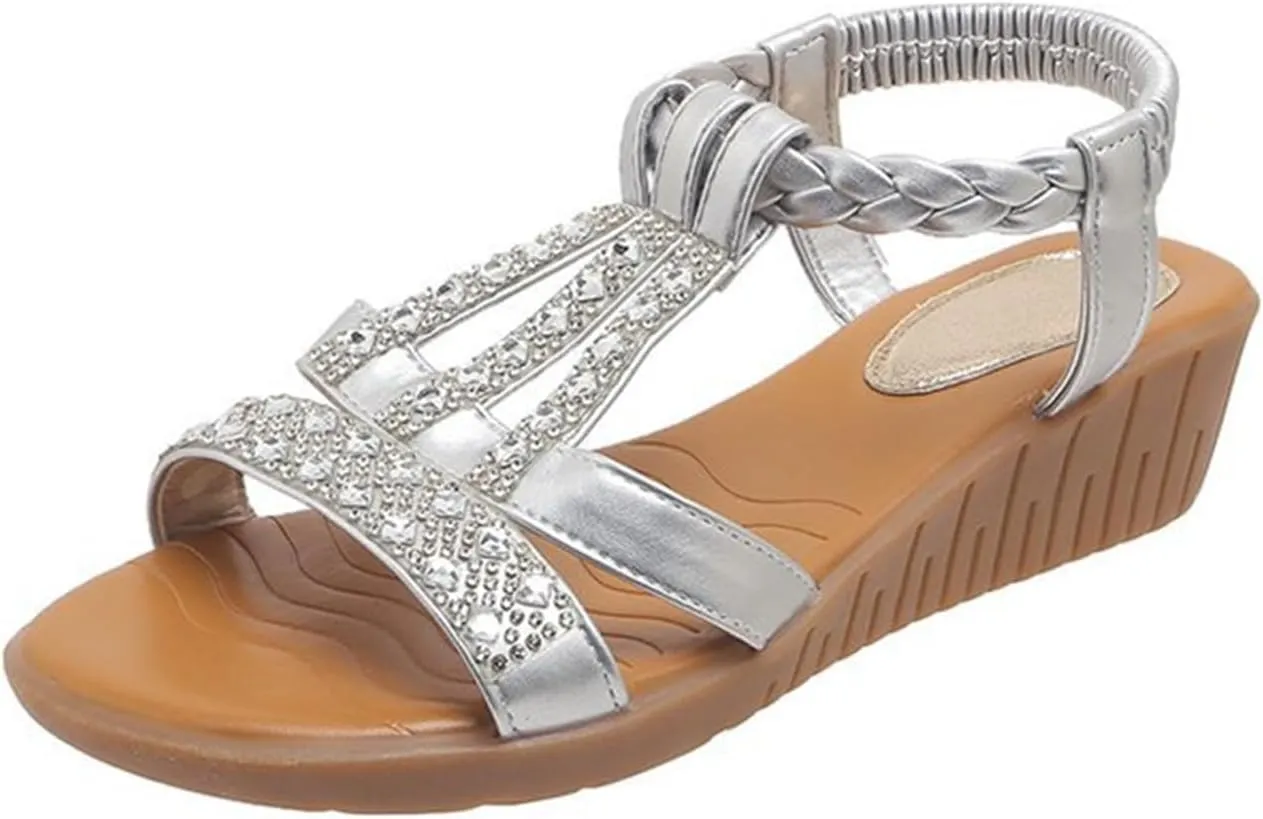 Women Flat Sandals Open Toe Slides Low Wedge Sandal Sparkly Crystal Rhinestone Sandals Elastic Ankle Strap Slip On Shoes for Summer Beach Oceanside Holiday Outdoor