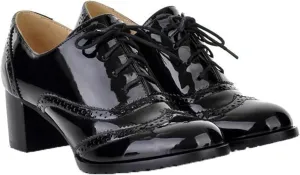 Women's Casual Oxford Shoes Lace up High Heels Patent Leather Round Toe Dress Brogues Women's Office Shoes
