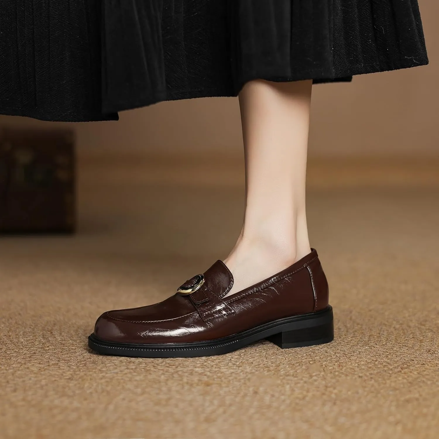 Women's Casual Slip On Pumps Comfort Low Block Heel Oxfords with Solid Color
