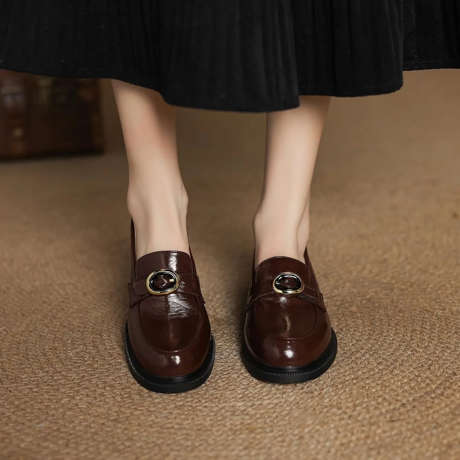 Women's Casual Slip On Pumps Comfort Low Block Heel Oxfords with Solid Color
