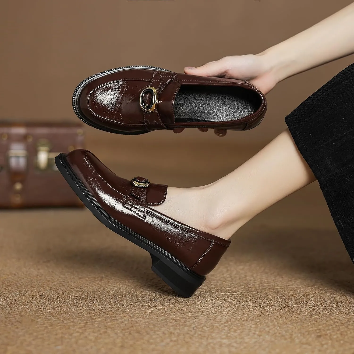 Women's Casual Slip On Pumps Comfort Low Block Heel Oxfords with Solid Color