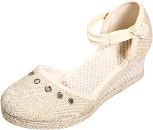 Womens Closed Toe Sandals Dressy Summer Espadrille Non Slip Wedge Heels Sandals Retro Casual Canvas Platform Wedge Sandal with Strappy Ankle Strap