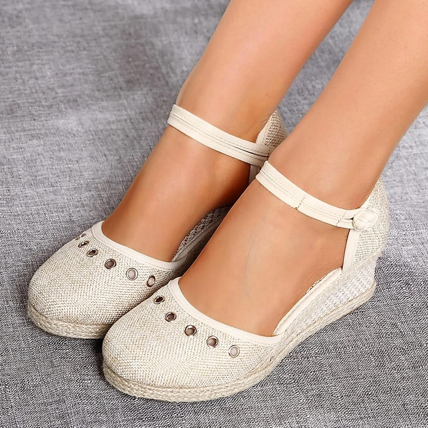 Womens Closed Toe Sandals Dressy Summer Espadrille Non Slip Wedge Heels Sandals Retro Casual Canvas Platform Wedge Sandal with Strappy Ankle Strap