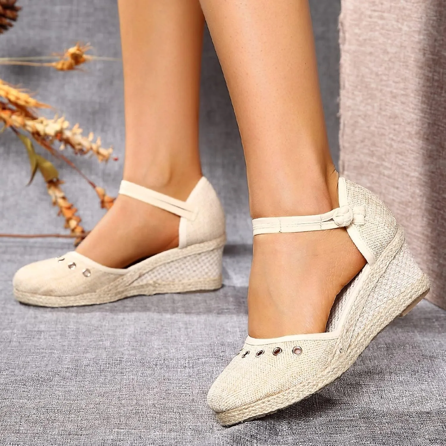 Womens Closed Toe Sandals Dressy Summer Espadrille Non Slip Wedge Heels Sandals Retro Casual Canvas Platform Wedge Sandal with Strappy Ankle Strap