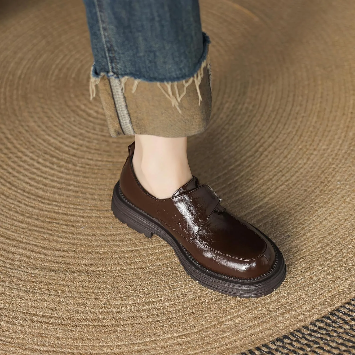 Women's Comfortable Casual Round Toe Pumps Slip On Loafer Flats with Low Block Heel