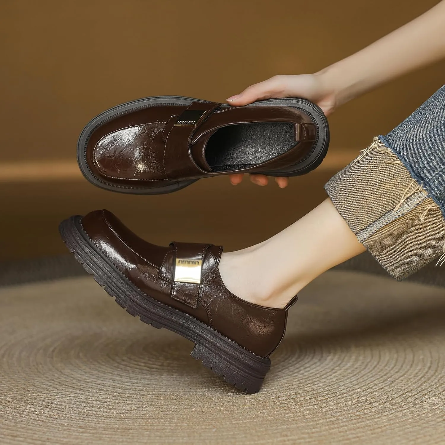 Women's Comfortable Casual Round Toe Pumps Slip On Loafer Flats with Low Block Heel