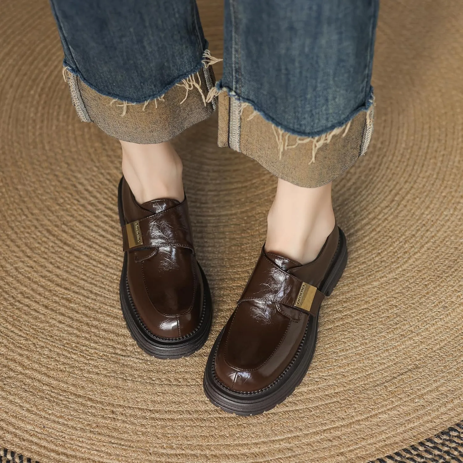 Women's Comfortable Casual Round Toe Pumps Slip On Loafer Flats with Low Block Heel