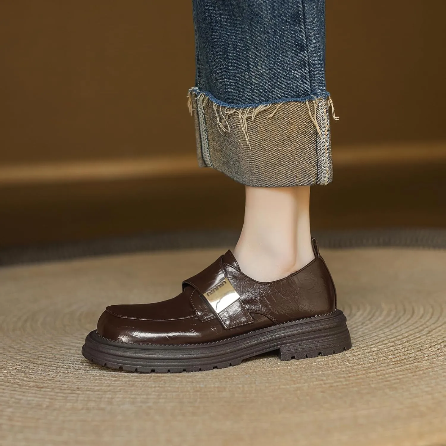 Women's Comfortable Casual Round Toe Pumps Slip On Loafer Flats with Low Block Heel