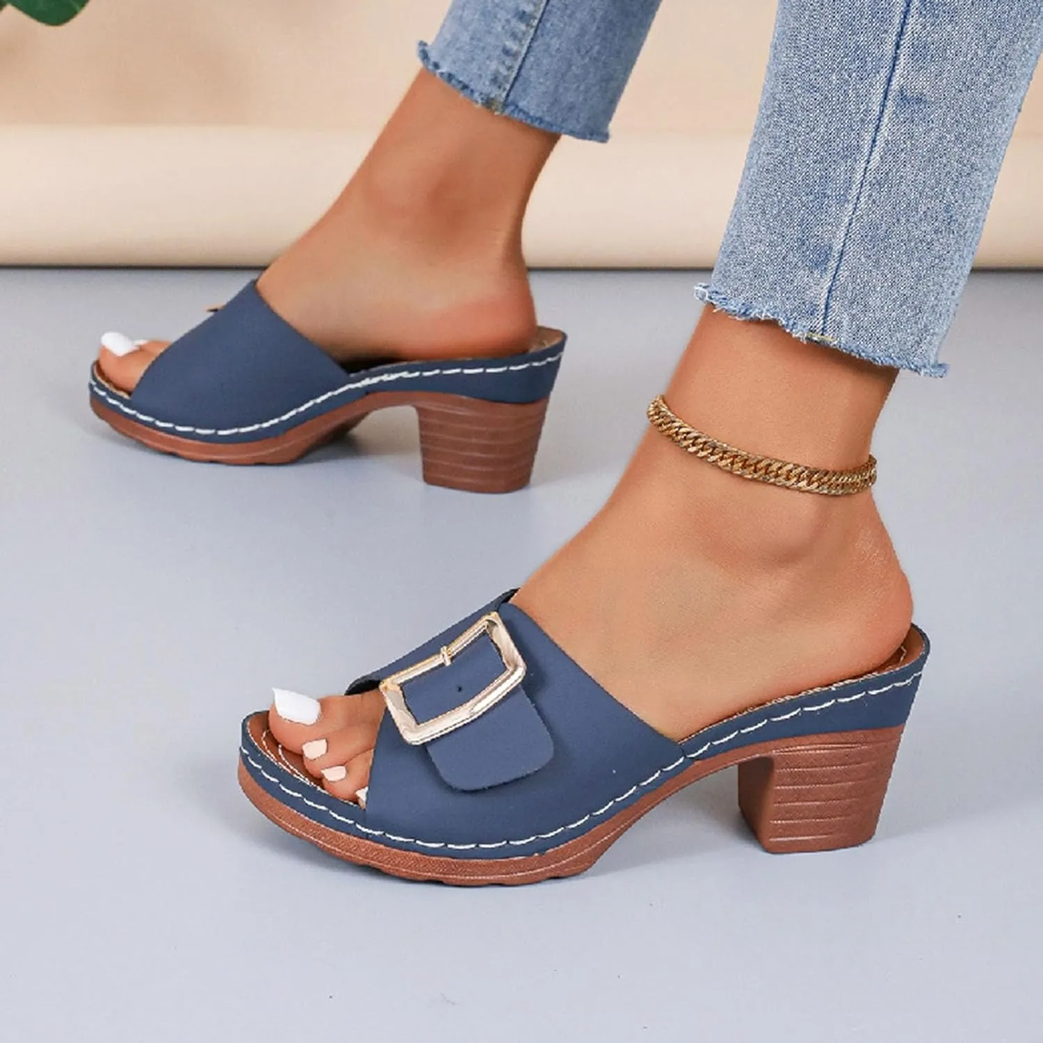Womens Dressy High Heels Chunky Block Platform Heel Sandals Fashion Metal Buckle Slip On Slippers Beach Walking Shoes