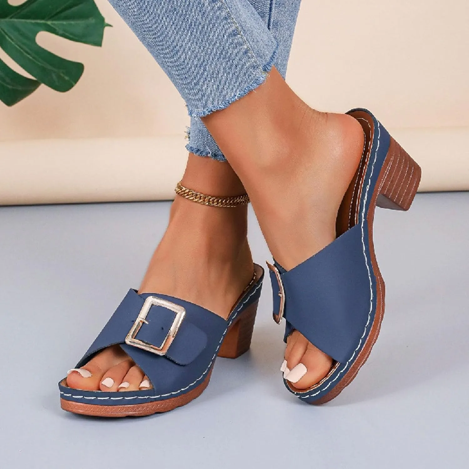 Womens Dressy High Heels Chunky Block Platform Heel Sandals Fashion Metal Buckle Slip On Slippers Beach Walking Shoes