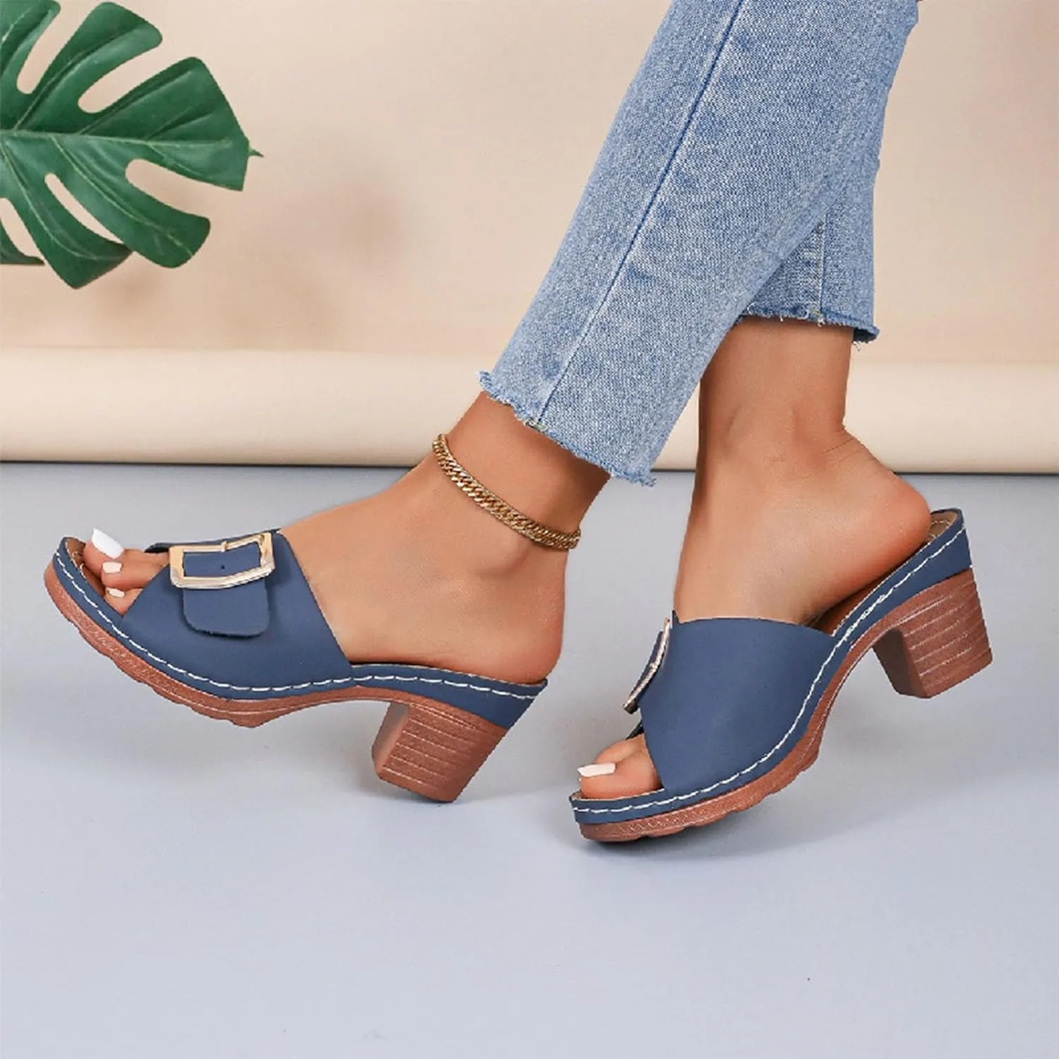 Womens Dressy High Heels Chunky Block Platform Heel Sandals Fashion Metal Buckle Slip On Slippers Beach Walking Shoes