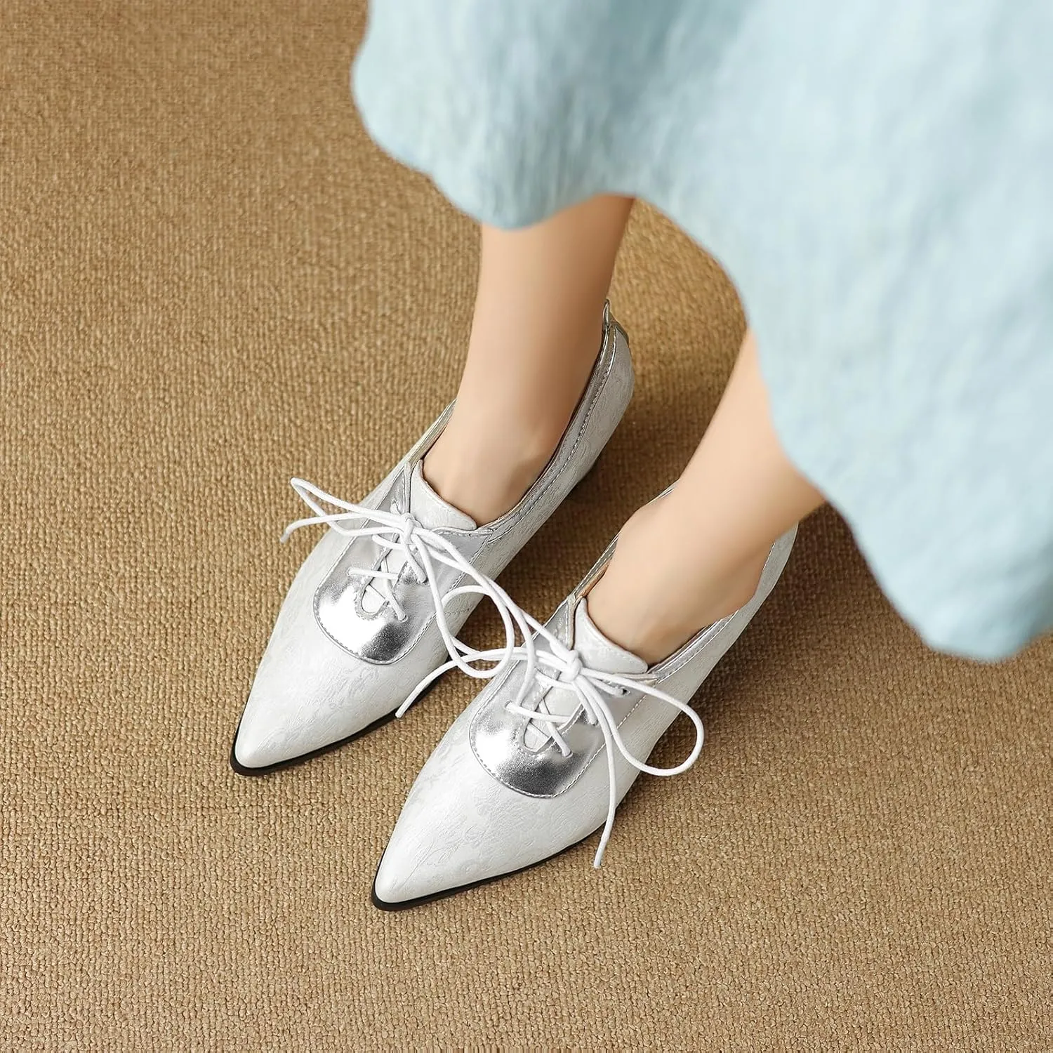 Womens Elegant Lace up Pumps Fashionable Pointed Toe Oxfords with Block Heel