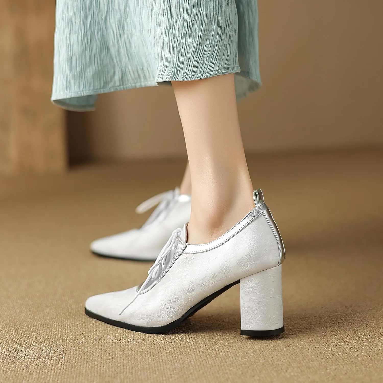 Womens Elegant Lace up Pumps Fashionable Pointed Toe Oxfords with Block Heel