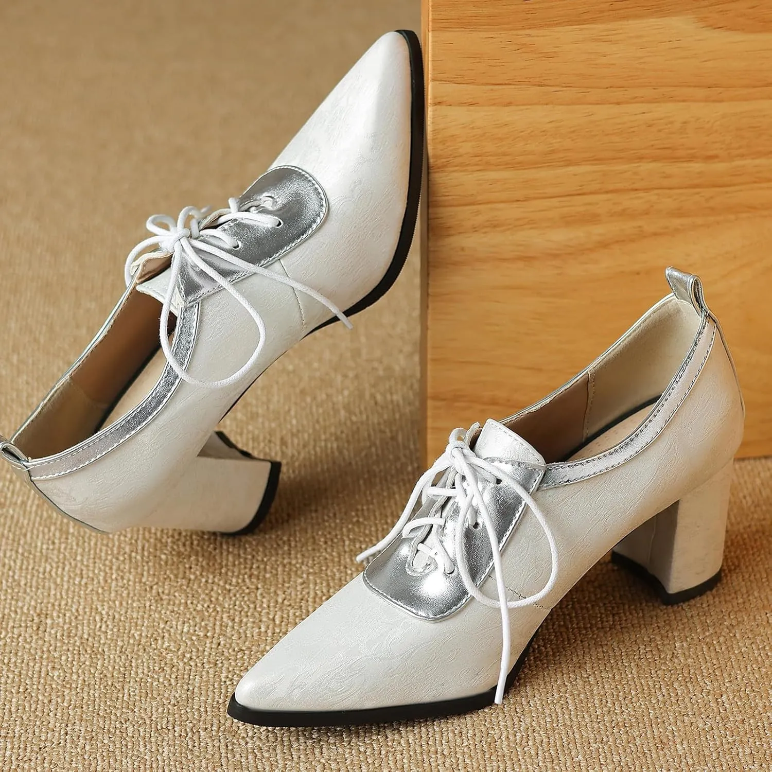 Womens Elegant Lace up Pumps Fashionable Pointed Toe Oxfords with Block Heel
