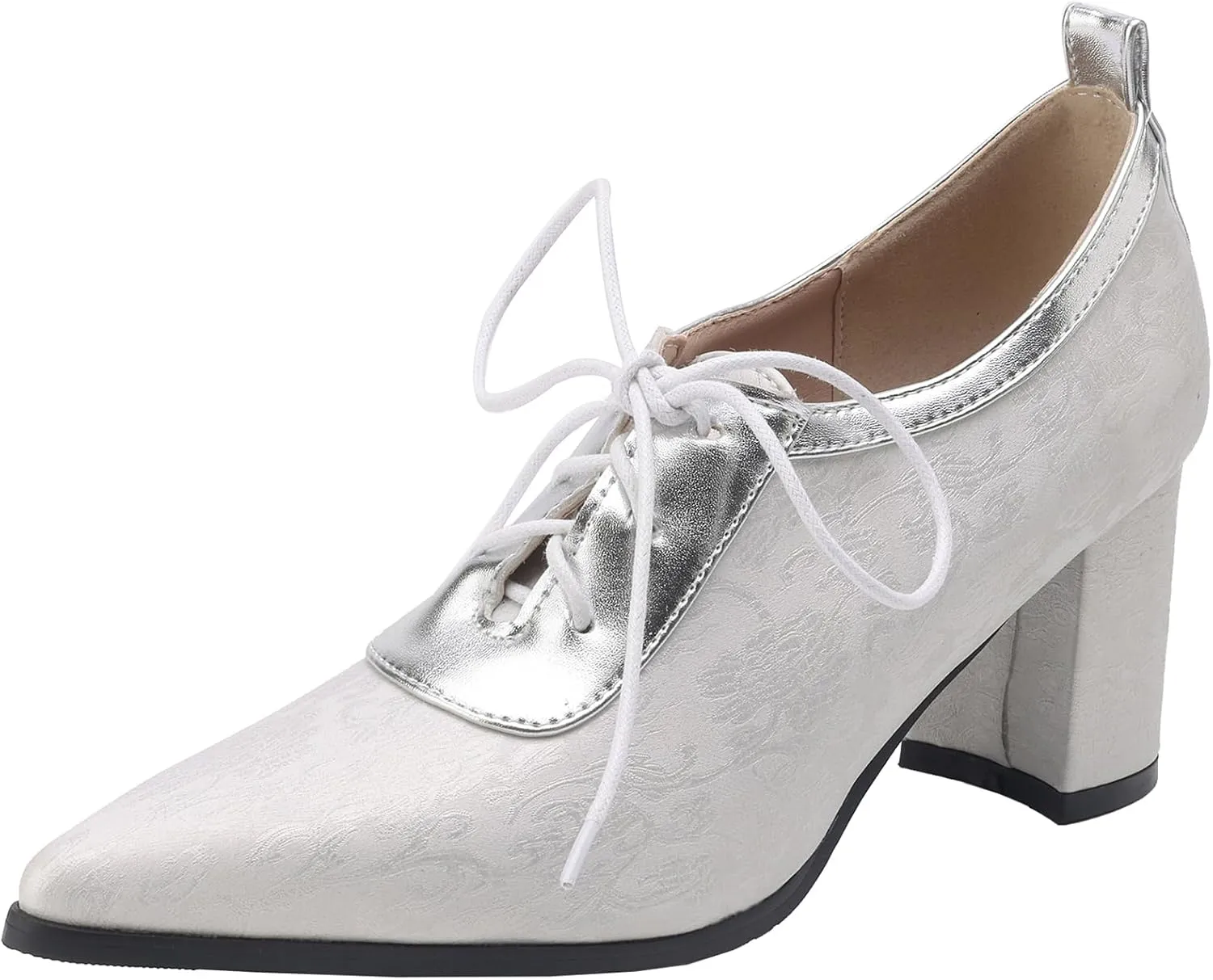 Womens Elegant Lace up Pumps Fashionable Pointed Toe Oxfords with Block Heel